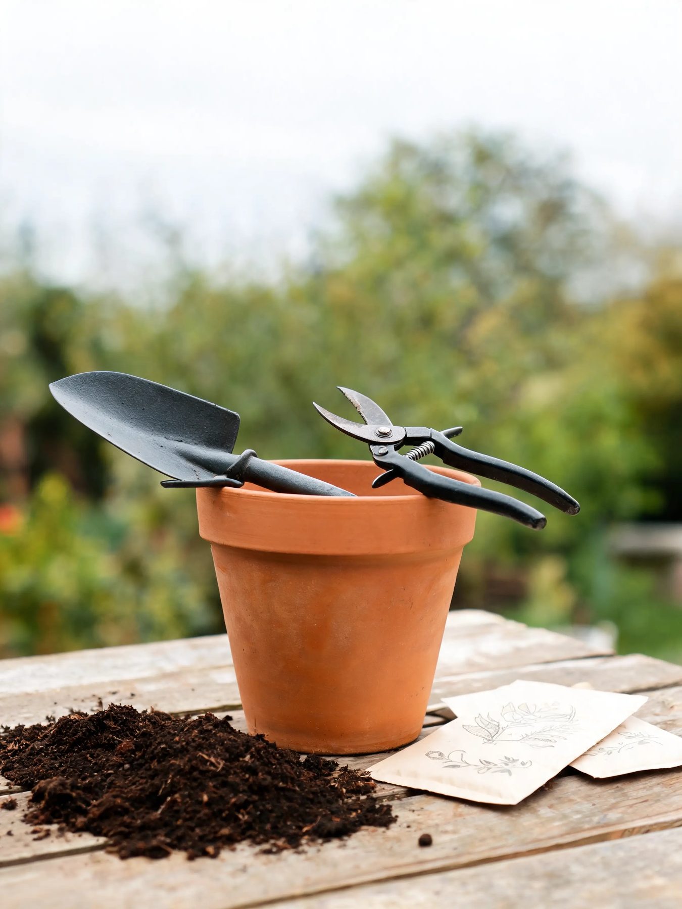 Forged trowel and secateurs on a terracotta pot beside scattered soil and seed packets