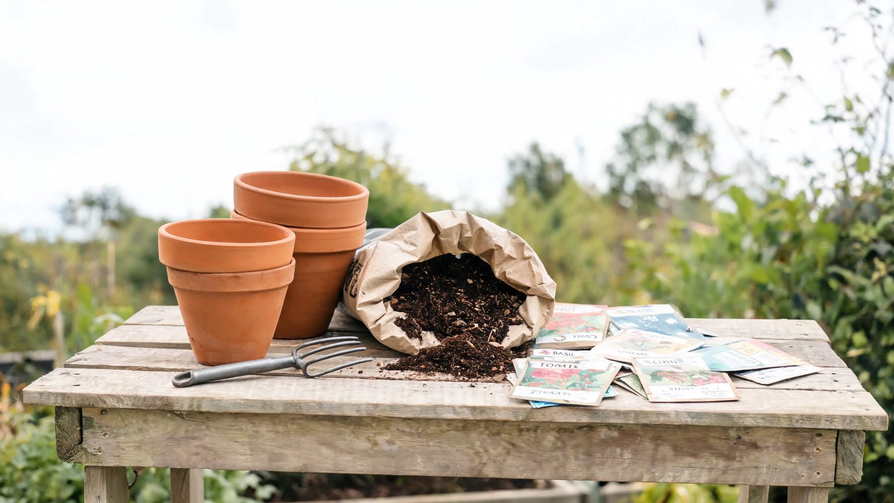 Potting bench with stacked terracotta pots, open compost and labelled seed packets